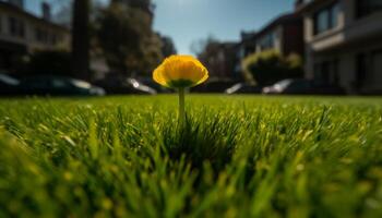 färsk gul daisy blommar i grön äng under sommar solljus genererad förbi ai foto