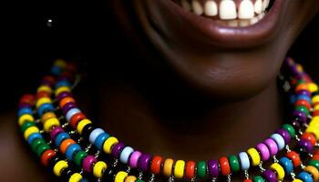 leende ung kvinnor monter vibrerande mång färgad Smycken i stänga upp porträtt genererad förbi ai foto