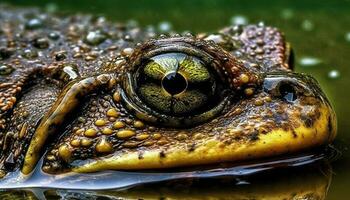 gul ögon krokodil ser på kamera i slemmig blå damm genererad förbi ai foto