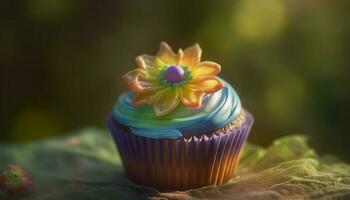 mång färgad muffins med utsmyckad dekorationer och färsk blomma pålägg genererad förbi ai foto