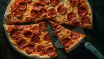 nyligen bakad pizza med mozzarella, kött, och grönsaker på rustik tabell genererad förbi ai foto