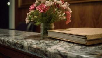 antik bokhylla med vas av blommor i modern levande rum genererad förbi ai foto
