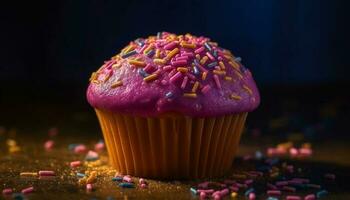 eftergiven hemlagad muffins med färgrik dekorationer och ljuv glasyr genererad förbi ai foto