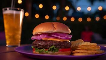 grillad nötkött burger med ost, pommes frites, och uppfriskande cola dryck genererad förbi ai foto