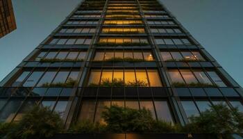 modern skyskrapa speglar trogen stadsbild på natt, belysande Framgång genererad förbi ai foto