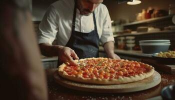 caucasian man framställning hemlagad pizza deg i inhemsk kök genererad förbi ai foto