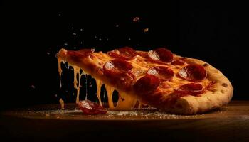 stänga upp av gourmet pizza skiva med färsk mozzarella och tomat genererad förbi ai foto