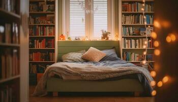 mysigt modern sovrum med upplyst bokhylla och bekväm strö dekoration genererad förbi ai foto