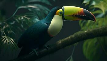vibrerande toucan perching på gren i tropisk regnskog miljö genererad förbi ai foto