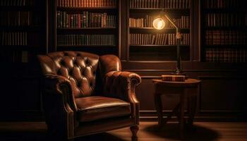 antik bokhylla tänds modern levande rum med elegant design genererad förbi ai foto