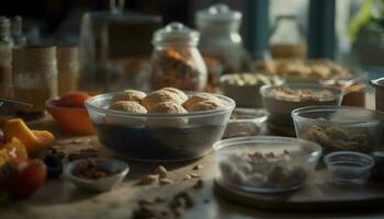 hemlagad gourmet muffin, bakad med organisk mjöl och ljuv frukt genererad förbi ai foto