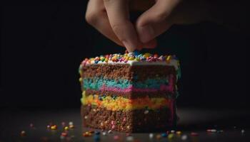 hand innehav färgrik födelsedag kaka med krämig glasyr och dekoration genererad förbi ai foto