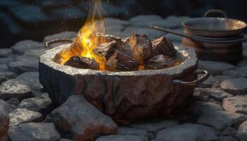 lysande lägereld brinnande trä, matlagning mat utomhus i sommar värme genererad förbi ai foto