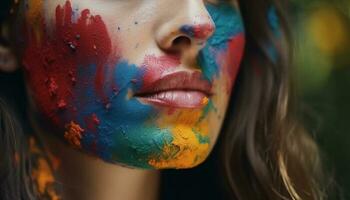 vibrerande ung kvinna med färgrik ansikte måla utstrålar skönhet och kreativitet genererad förbi ai foto