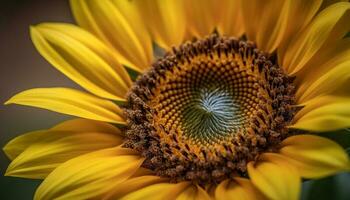 vibrerande solros blomma, stänga upp av gul kronblad i natur genererad förbi ai foto