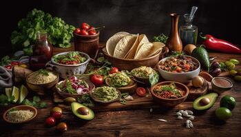 färsk guacamole och nötkött taco sallad på rustik trä- tabell genererad förbi ai foto