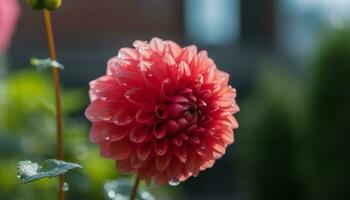 vibrerande dahlia blomma i formell trädgård, våt med dagg droppar genererad förbi ai foto