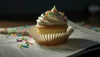 färgrik hemlagad muffin med choklad glasyr för födelsedag firande genererad förbi ai foto