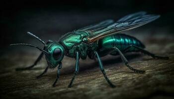läskigt husfluga med hårig ben och grön ögon i makro förstoring genererad förbi ai foto