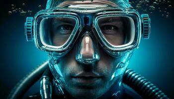 en trogen cyborg idrottare, under vattnet, ser på kamera med syre genererad förbi ai foto