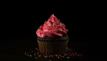 söt muffin med rosa glasyr och färsk bär för firande genererad förbi ai foto