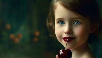 skön ung flicka njuter färsk frukt i de sommar utomhus genererad förbi ai foto