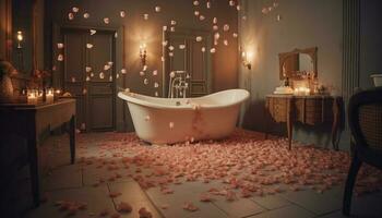 modern lyx badrum design med elegant marmor golv och badkar genererad förbi ai foto