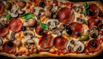 nyligen bakad pizza med mozzarella, tomat, salami, och svamp pålägg genererad förbi ai foto