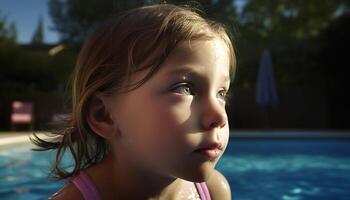 söt litet barn flicka njuter sommar simning roligt i natur skönhet genererad förbi ai foto