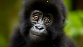primat porträtt söt apa stirrande, fokus på förgrund, tropisk skog genererad förbi ai foto