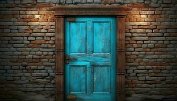 rustik trä dörr med rostig hantera, gammal tegel vägg bakgrund genererad förbi ai foto