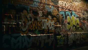 abstrakt graffiti mural tänds riden tegel vägg i stad kaos genererad förbi ai foto