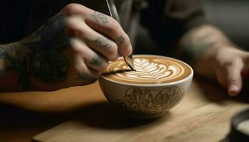caucasian Barista innehav skummande cappuccino i modern kaffe affär genererad förbi ai foto