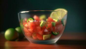 färsk sallad skål med organisk grönsaker och mång färgad frukt genererad förbi ai foto