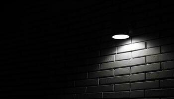 mörk tegel vägg upplyst förbi abstrakt belysning Utrustning på natt genererad förbi ai foto