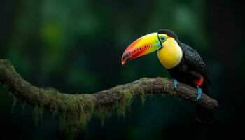 vibrerande toucan perching på gren i tropisk regnskog miljö genererad förbi ai foto