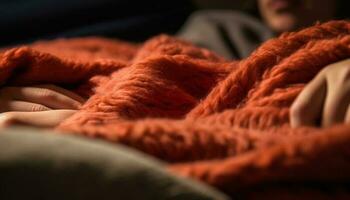 mysigt ull filt på soffa, hand innehav kudde för avslappning genererad förbi ai foto