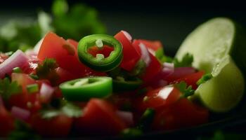 färsk organisk vegetarian sallad med skivad tomat, gurka, och lök genererad förbi ai foto