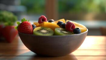 färsk frukt sallad skål med mogen bär och ljuv melon genererad förbi ai foto