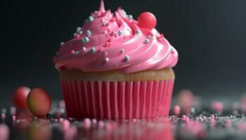 söt hemlagad muffin med rosa glasyr och choklad dekoration genererad förbi ai foto