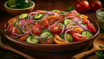 färsk organisk vegetarian sallad med mogen tomat och gurka skivor genererad förbi ai foto
