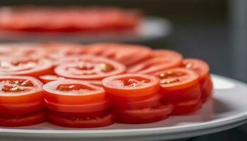 färsk organisk tomat skiva, en friska vegetarian aptitretare på tallrik genererad förbi ai foto