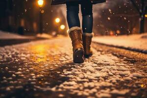 tillbaka se av stänga upp av en kvinna ben gående i snöig vinter- natt parkera. ai generativ foto