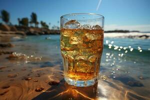 iskall öl i glas på en strand. ai generativ foto