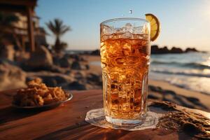 iskall öl i glas på en strand. ai generativ foto