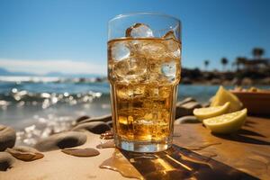 iskall öl i glas på en strand. ai generativ foto