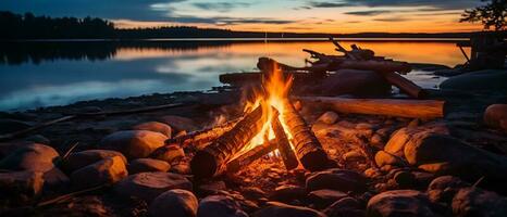erfarenhet en lysande lägereld förbi de sjö, med en fantastisk solnedgång och de värme av öppen lågor, brand, och loggar. njut av strand camping på natt mitt i de lugn sjö landskap. generativ ai foto