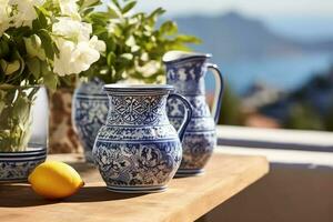 inspirerad tillbringare vas tillverkad av hand målad keramisk, Utsmyckad med vibrerande blå och vit mönster. ai generativ foto
