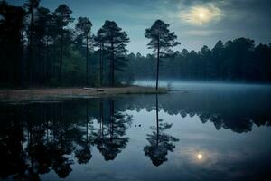 Foto av sjö med måne reflexion. ai generativ