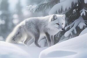 arktisk räv prowling i de snöig skog fotorealism tillverkad foto